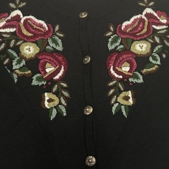 Vintage Wool Cardigan Black Floral Embroidered Sweater 90s Cottagecore Academia - Picture 5 of 5